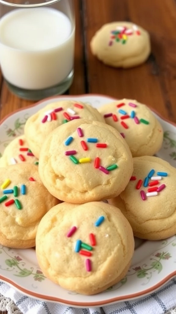 The Best Soft and Sweet Cream Cheese Sugar Cookies Recipe Soft cream cheese sugar cookies with colorful sprinkles on a decorative plate next to a glass of milk.